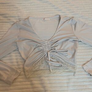 ROMWE White Lace Trim Ruched Blouse